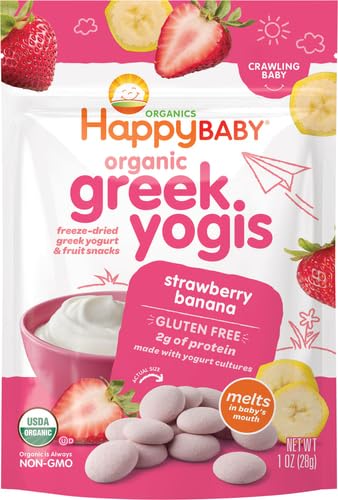 Completely happy Child Organics Greek Yogis Child Snacks, Freeze-Dried Yogurt & Fruit Treats, Gluten-Free for Infants 9+ Months, Strawberry & Banana Taste, 1 Ounce (Set of two)