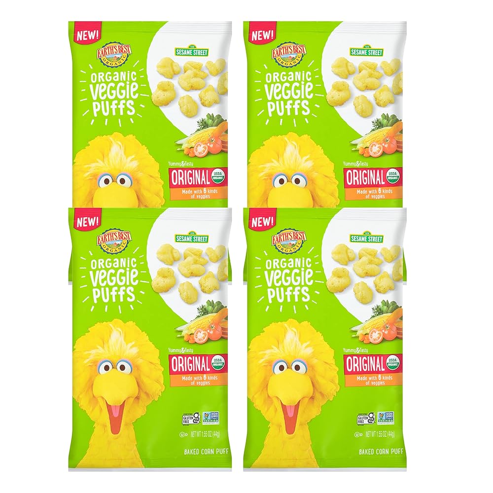 Earth’s Greatest Natural Sesame Road Toddler Snacks, Gluten-Free Veggie Puffs for Youngsters Ages 2 and Up, Authentic Taste, 1.55 oz Baggage (Set of 4)