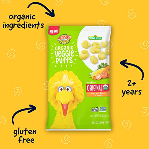 Earth's Greatest Natural Sesame Road Toddler Snacks, Gluten-Free Veggie Puffs for Youngsters Ages 2 and Up, Authentic Taste, 1.55 oz Baggage (Set of 4)