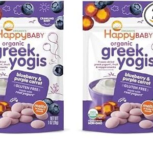 Pleased Child Organics Greek Yogis Child Snacks – Freeze-Dried Yogurt and Veggie Fruit Snacks, Gluten-Free for Infants 9+ Months, Blueberry & Purple Carrot Taste, 1 Ounce (Set of two)