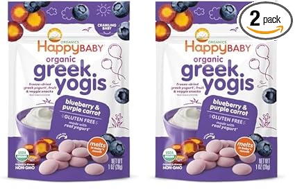 Pleased Child Organics Greek Yogis Child Snacks – Freeze-Dried Yogurt and Veggie Fruit Snacks, Gluten-Free for Infants 9+ Months, Blueberry & Purple Carrot Taste, 1 Ounce (Set of two)