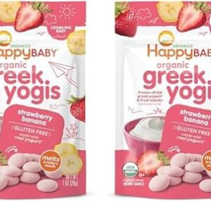 Completely happy Child Organics Greek Yogis Child Snacks, Freeze-Dried Yogurt & Fruit Treats, Gluten-Free for Infants 9+ Months, Strawberry & Banana Taste, 1 Ounce (Set of two)