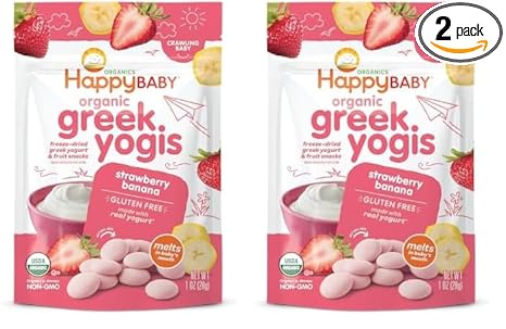 Completely happy Child Organics Greek Yogis Child Snacks, Freeze-Dried Yogurt & Fruit Treats, Gluten-Free for Infants 9+ Months, Strawberry & Banana Taste, 1 Ounce (Set of two)