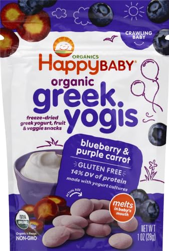 Pleased Child Organics Greek Yogis Child Snacks - Freeze-Dried Yogurt and Veggie Fruit Snacks, Gluten-Free for Infants 9+ Months, Blueberry & Purple Carrot Taste, 1 Ounce (Set of two)