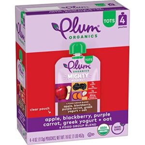 Plum Organics Mighty Morning Natural Toddler Meals – Apple, Blackberry, Purple Carrot, Greek Yogurt, and Oat – 4 oz Pouch (Set of 4) – Natural Toddler Fruit and Vegetable Mix